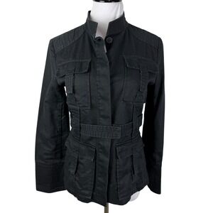 Lapis Black Utility Cargo Jacket Mandarin‎ Collar Belted Women's Small